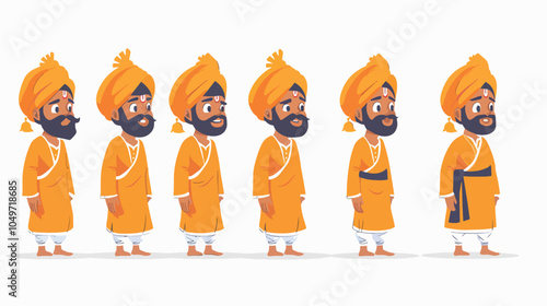 Five Indian Hindu Men Wearing Traditional Dhoti Kurta and Turban Cartoon Character Design Isolated Vector Illustration