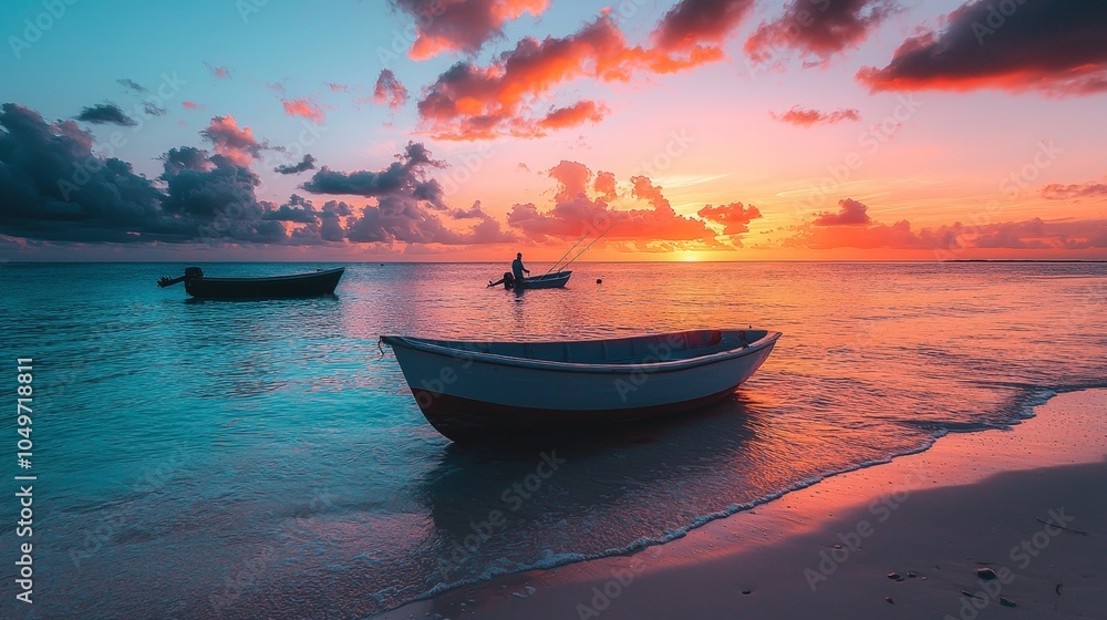 A serene sunset over the ocean with boats, creating a tranquil atmosphere. A serene sunset over the ocean with boats, creating a tranquil atmosphere.