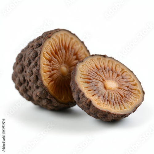 Closeup of summer truffle cut in half, showcasing its detailed texture and pattern, isolated on a white background. Concept of gourmet food