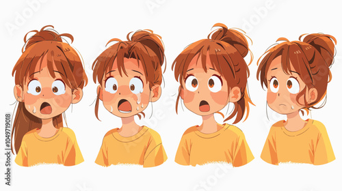 Anime girl facial expression set surprised shocked sad happy female character avatar illustration isolated background emotions comic manga style digital art drawing teenager student young woman