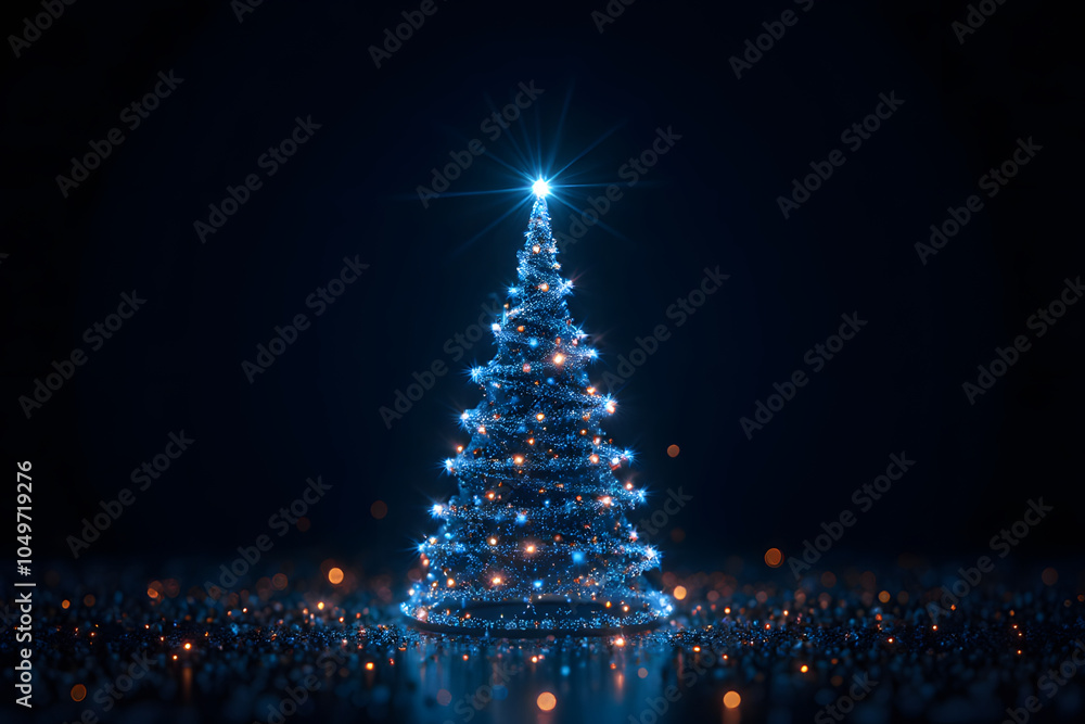 Festive night: glowing christmas tree with blue and gold lights on dark background Festive night: glowing christmas tree with blue and gold lights on dark background
