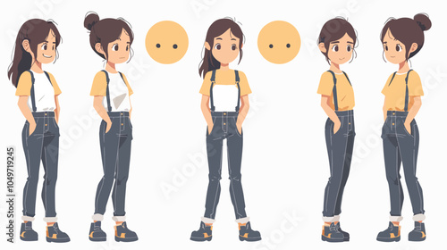 Young woman character for animation front side and back view flat design isolated on white background different poses emotions and casual wear female character creation concept