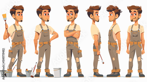 Painter character poses set construction worker builder professional occupation man standing different poses cartoon illustration