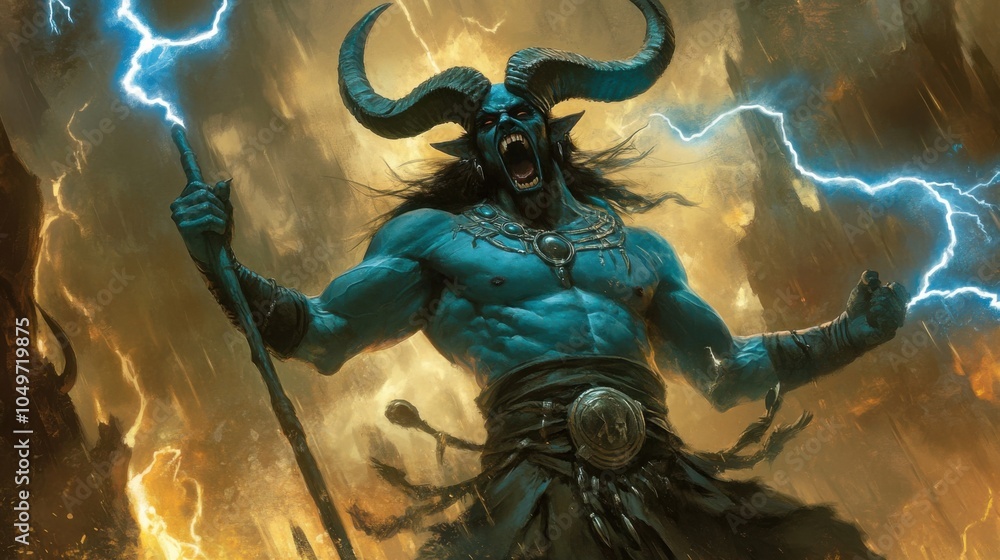 Fototapeta premium Dark Demonic Figure with Long Horns and Electric Energy