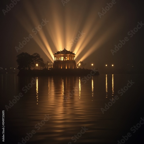 Tower glows on Hoankyem lake, Hanoi night. photo