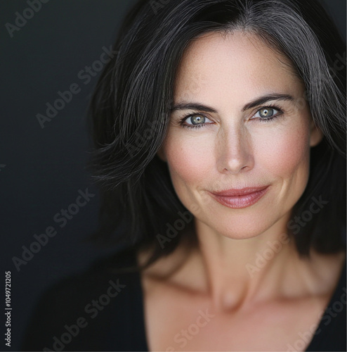 photo of 45 year old woman high school theater teacher with dark hair, gray eyes and dresses in lots of black or dark colors