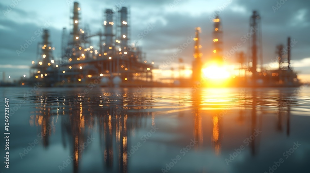 Fototapeta premium Picturesque Oil Refinery Sunset with Stunning Reflections at Dusk