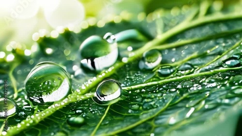 The image appears to show a close-up, macro photograph of water droplets on a green leaf. The droplets are large and reflect light, creating shiny highlights. The background is blurred, giving the pho
