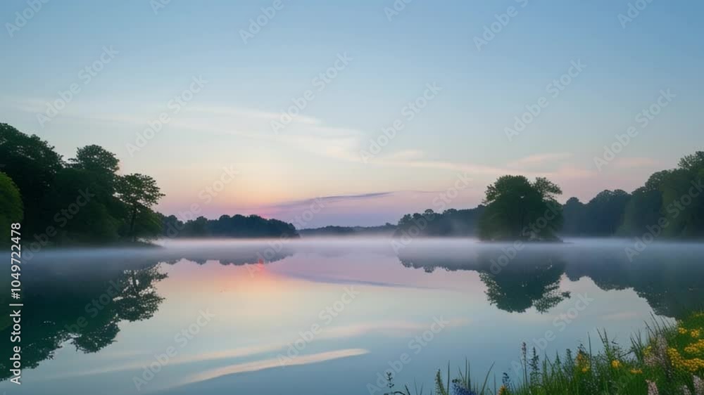A serene early morning scene with a tranquil lake reflecting the colorful sunrise, surrounded by lush trees and blooming wildflowers created with generative ai A serene early morning scene with a tranquil lake reflecting the colorful sunrise, surrounded by lush trees and blooming wildflowers created with generative ai