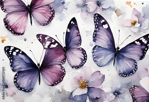 Watercolor painting of purple butterflies with splashes of color.