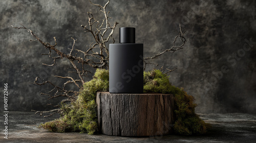 A sleek black bottle of perfume sits on a rustic wooden stand, covered in moss. The scent is natural, with woody notes perfect for men.