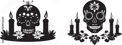 Silhouette of a skull with candles surrounded by offerings, Day of Dead vector silhouette