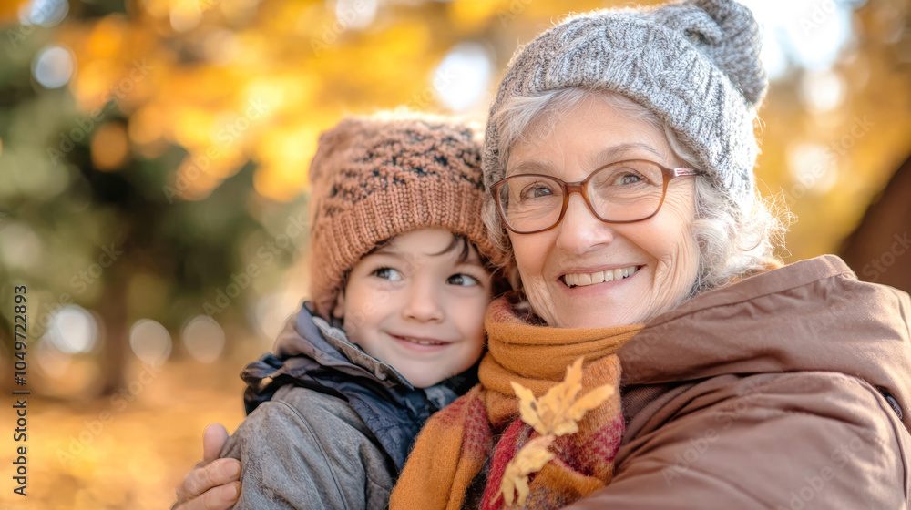 Obraz premium An elderly woman enjoys a joyful autumn afternoon with her grandchildren in a vibrant park filled with colorful leaves and warm smiles