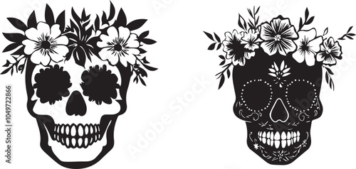 Silhouette of a sugar skull wearing a floral crown, Day of Dead vector silhouette