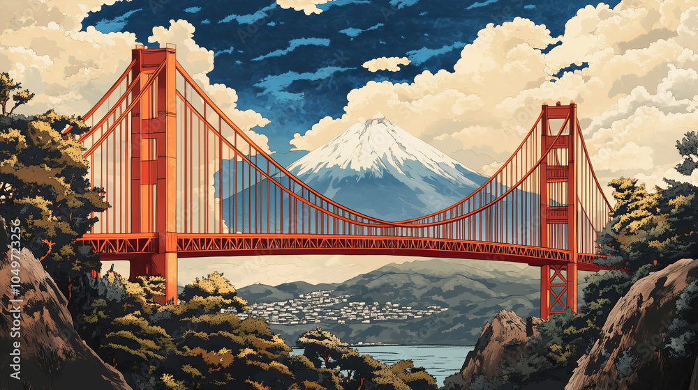 Fototapeta premium illustration of Golden Gate Bridge with view on Mount Fuji landscape
