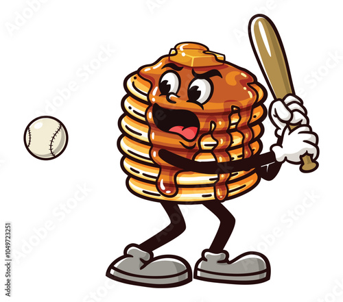 Pancake playing Baseball, Cartoon Mascot Illustration Character Vector Clip-art Hand-drawn Logo Design