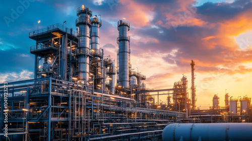 A photo of industrial equipment at a chemical plant refinery, highlighting the connection between business, finance, and industry.