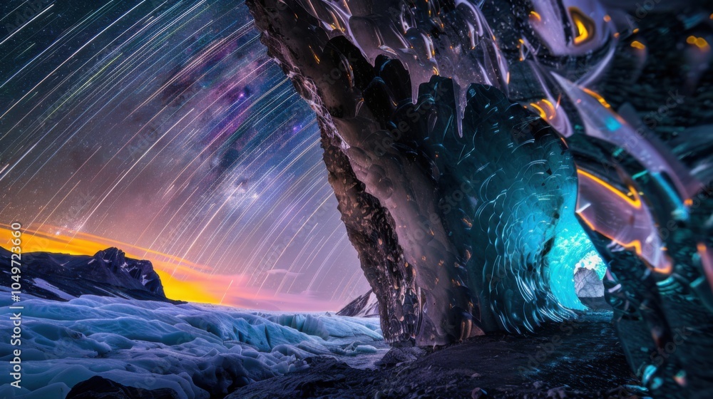 Fototapeta premium A captivating view of a remote glacier cave with shimmering, multi-hued ice walls and a rare, bright meteor shower streaking across the star-filled sky