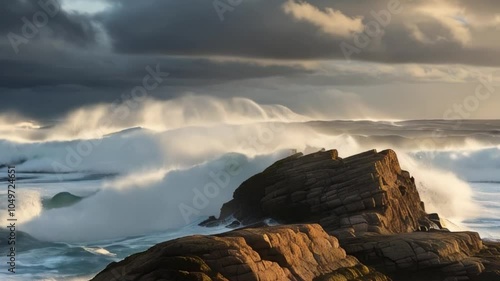 A dramatic seascape with crashing waves against rugged rocks under a moody sky, showcasing nature's powerful beauty created with generative ai