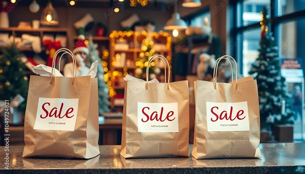 Obraz premium Shopping bags with sale signs in a festive store decorated for Christmas 