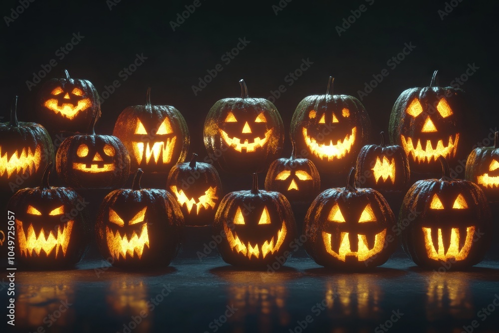 Fototapeta premium Spooky Halloween Pumpkins with Glowing Faces