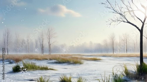 A serene winter landscape with snow gently falling on bare trees and frosty grass, evoking a peaceful and tranquil mood created with generative ai