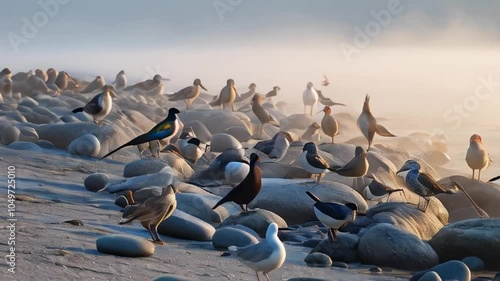 A diverse flock of birds gathered on smooth stones by the shoreline, illuminated by soft morning light amidst a misty atmosphere created with generative ai