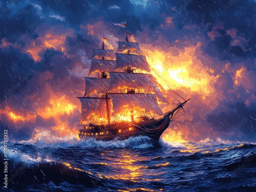 Obraz premium Pixel art pirate ship navigating turbulent waters, fierce waves crashing, dark clouds swirling, adventurous spirit captured in vibrant colors