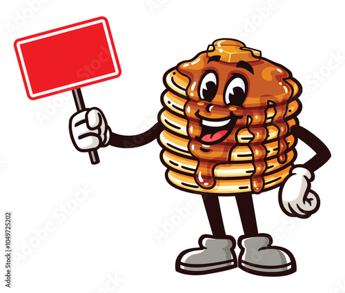 Pancake holding blank sign board, Cartoon Mascot Illustration Character Vector Clip-art Hand-drawn Logo Design