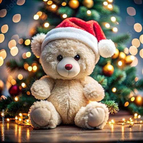 Christmas gift teddy bear in Santa Claus hat, set 3D toy character and decoration. Winter holiday template for festive design, seasonal present. Greeting collection Merry Christmas and Happy New Year.