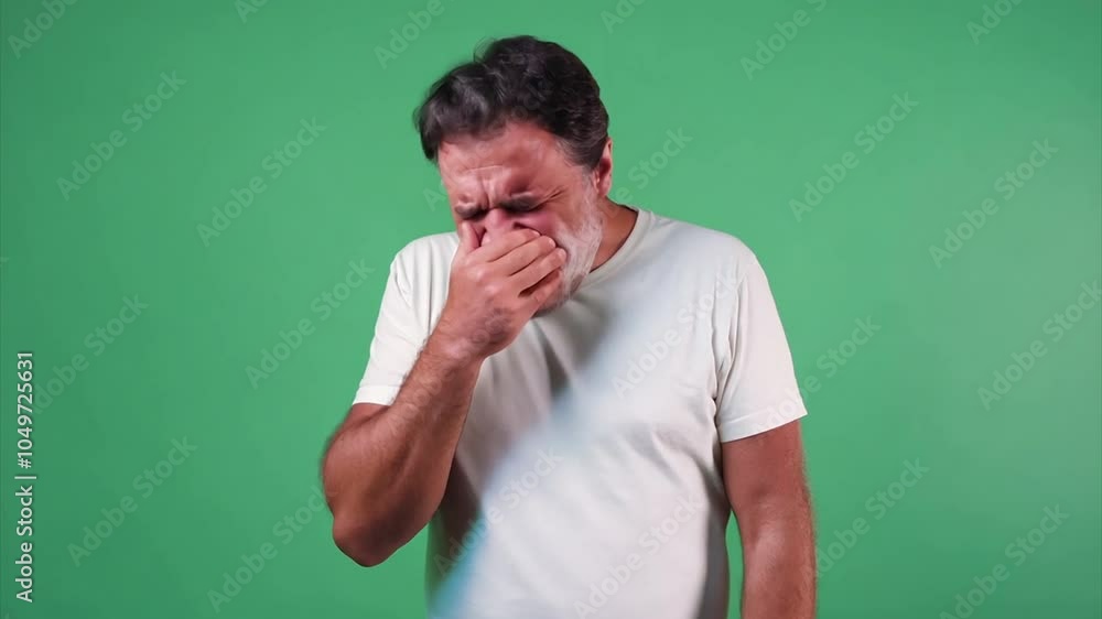 man feeling unwell sneezing on green background man feeling unwell sneezing on green background