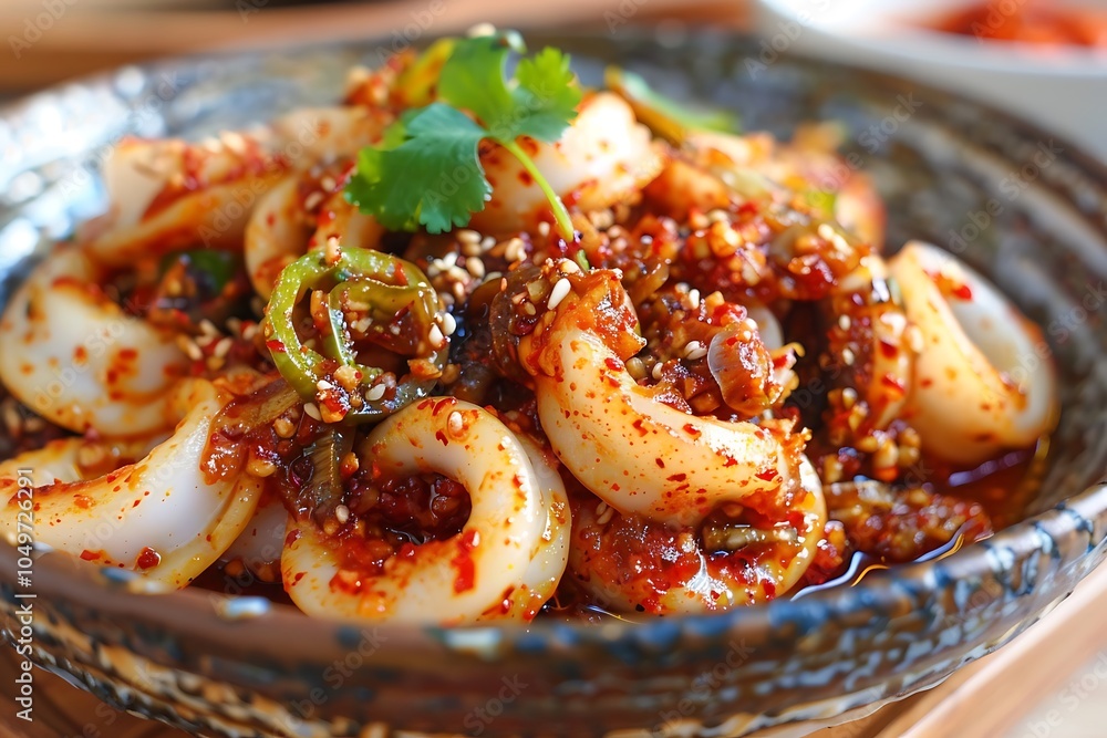 Fried squid rings with chili sauce in bowl Fried squid rings with chili sauce in bowl