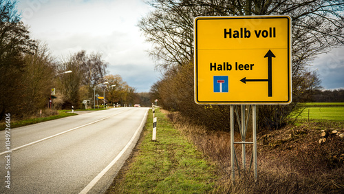 Tableau sur toile Signposts the direct way to half full versus half empty