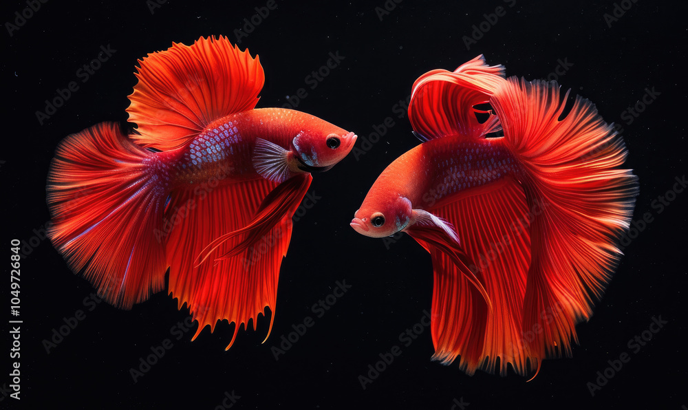Obraz premium Beautiful movement of red betta fish, Two Fancy Halfmoon Betta, The moving moment beautiful of Siamese Fighting fish, Betta splendens, Rhythmic of Betta fish isolated on black background