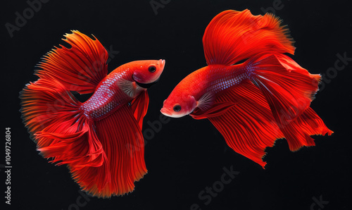 Beautiful movement of red betta fish, Two Fancy Halfmoon Betta, The moving moment beautiful of Siamese Fighting fish, Betta splendens, Rhythmic of Betta fish isolated on black background