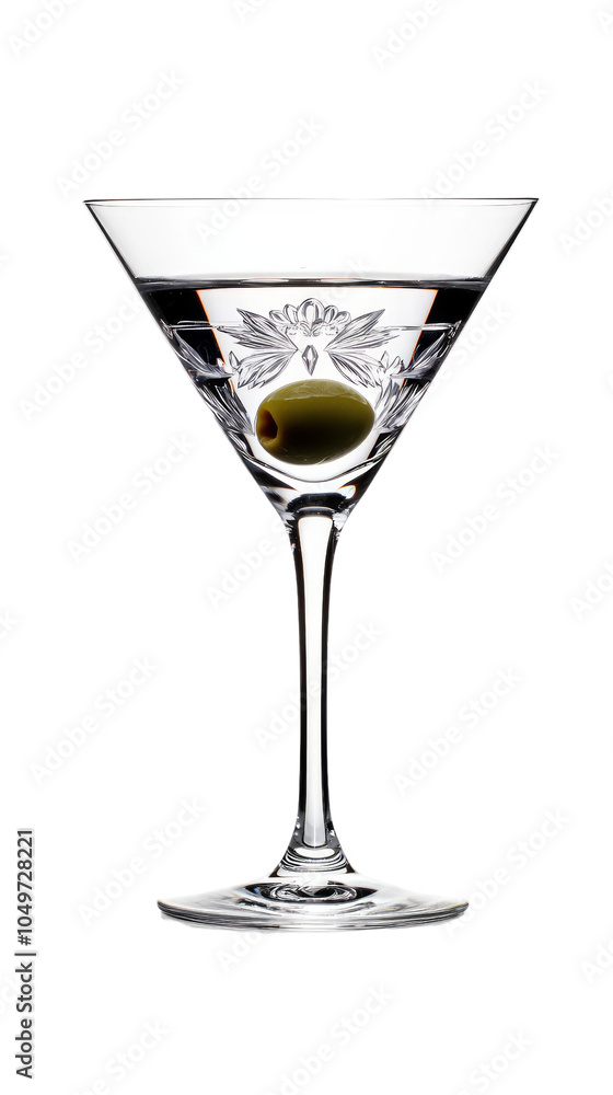 A classic martini glass filled with a clear cocktail and a green olive, isolated on a white background. Transparent Background A classic martini glass filled with a clear cocktail and a green olive, isolated on a white background. Transparent Background