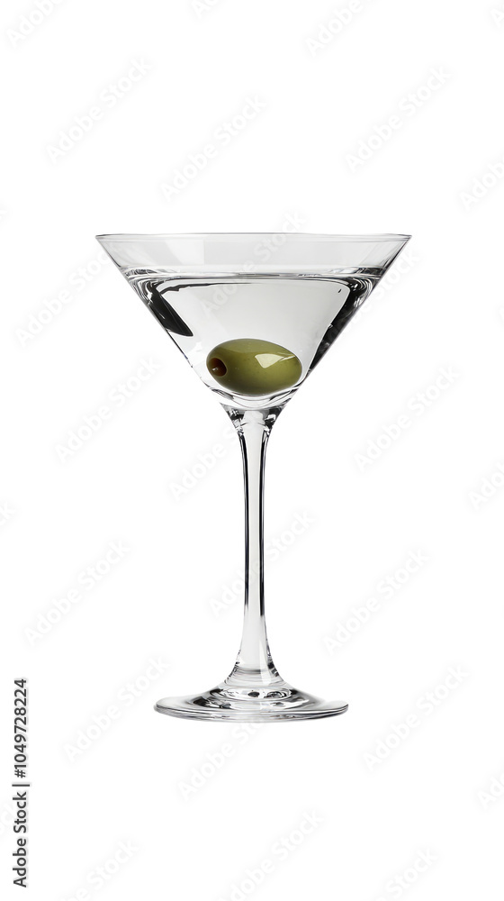 A classic martini glass filled with a clear cocktail and an olive, isolated on a white background. Transparent Background A classic martini glass filled with a clear cocktail and an olive, isolated on a white background. Transparent Background