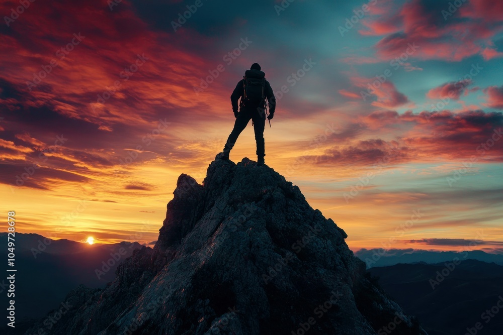 Silhouette of Hiker at Sunset on Mountain Peak Silhouette of Hiker at Sunset on Mountain Peak