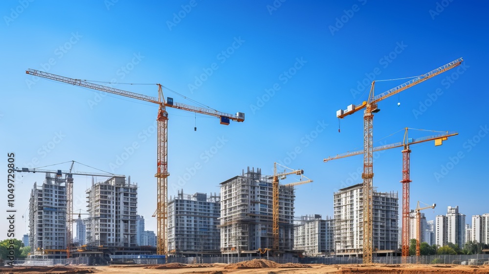 Fototapeta premium Construction site with cranes and buildings under development in a clear blue sky