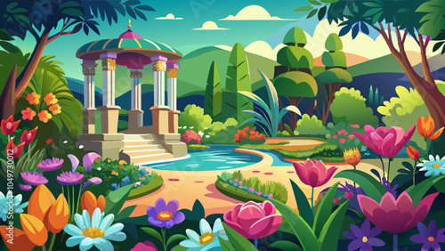 Paradise garden full of flowers beautiful idyllic background.