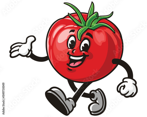 Tomato is walking leisurely, Cartoon Mascot Illustration Character Vector Clip-art Hand-drawn Logo Design