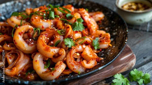 Fried squid rings with chili sauce in bowl