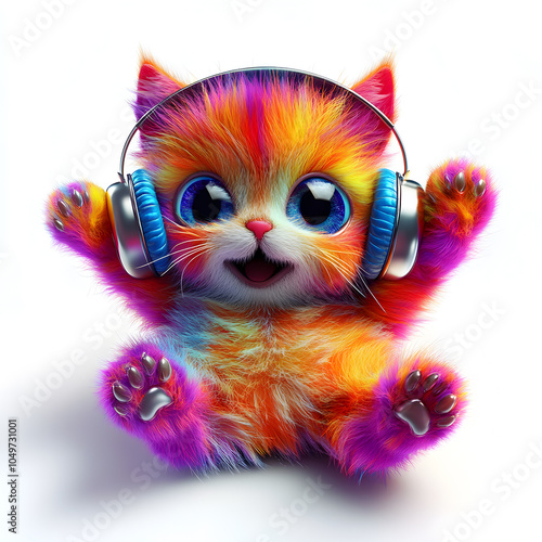 A colorful, fluffy kitten with big blue eyes is wearing headphones and smiling, isolated on a white background.