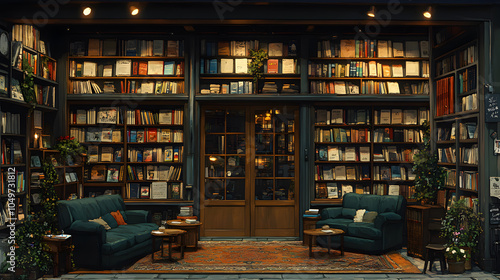 A cozy bookstore with two couches and bookshelves full of books.
