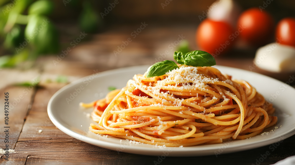 A plate of spaghetti with cheese and basil on top A plate of spaghetti with cheese and basil on top