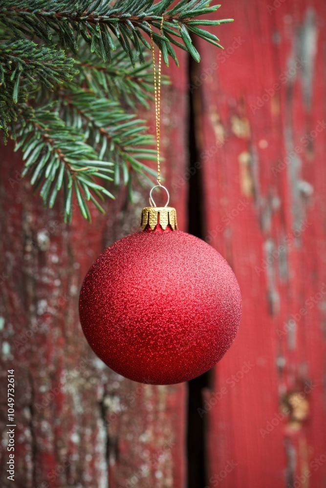 Obraz premium Festive Christmas Ornament on a Pine Tree Branch