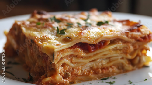 A large lasagna is on a white plate