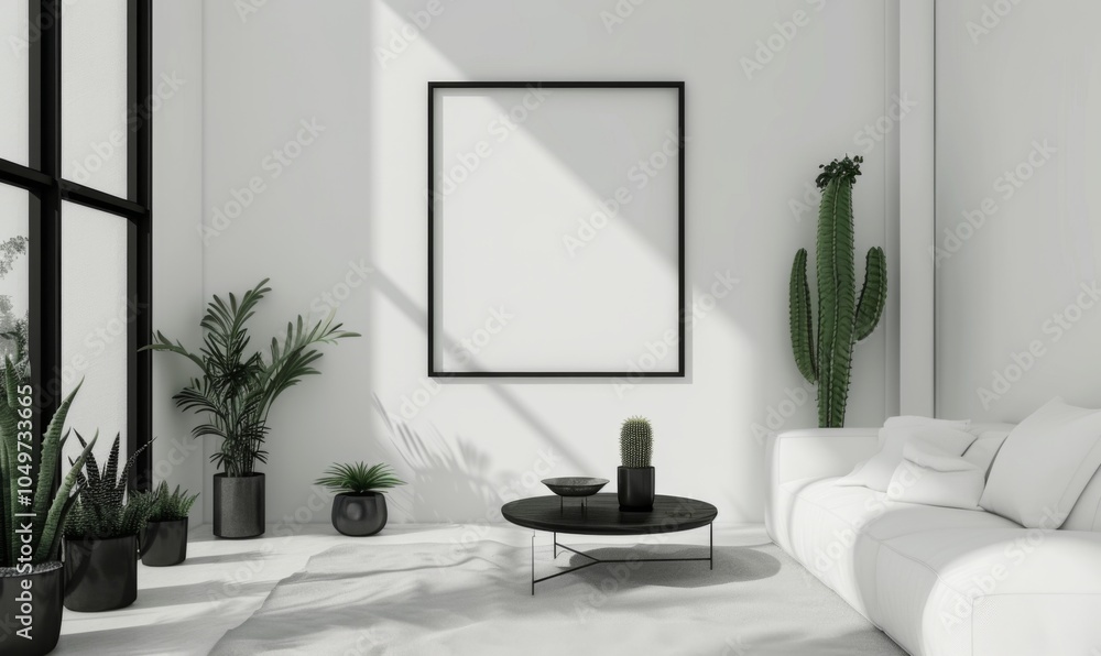 Trendy white living room with modern decoration, simple home decor. Room with black furniture, frame, cactus and some plants Trendy white living room with modern decoration, simple home decor. Room with black furniture, frame, cactus and some plants