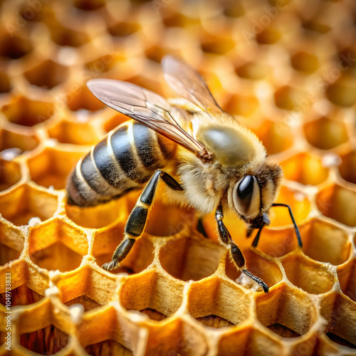 a bee in a beehive and has a honeycomb on it photo