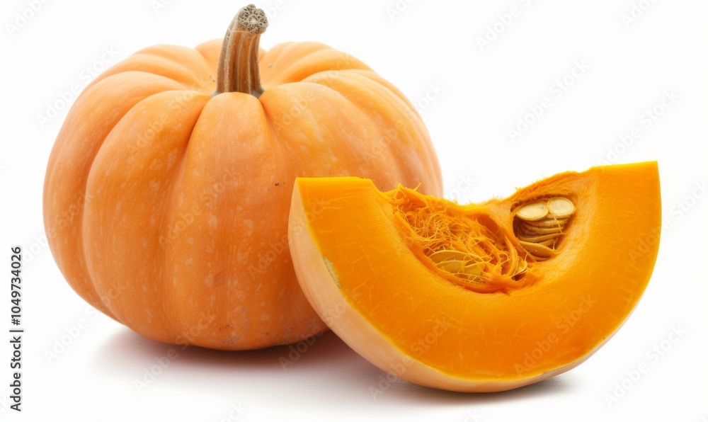 Obraz premium Whole orange pumpkin and slice of pumpkin isolated on white background. Clipping Path. Full Depth of field. Focus stacking